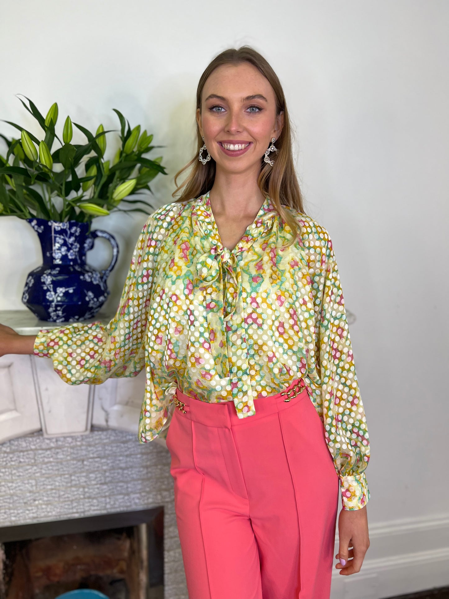 Lime Green Polka Dot Printed Blouse with Bow Tie Detail