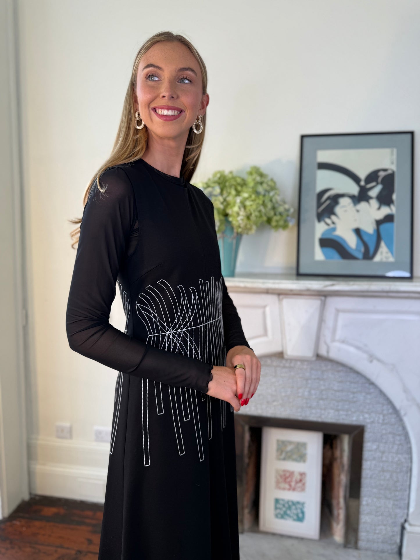 Beatrice B Black Tulle Fitted Round Neck Top