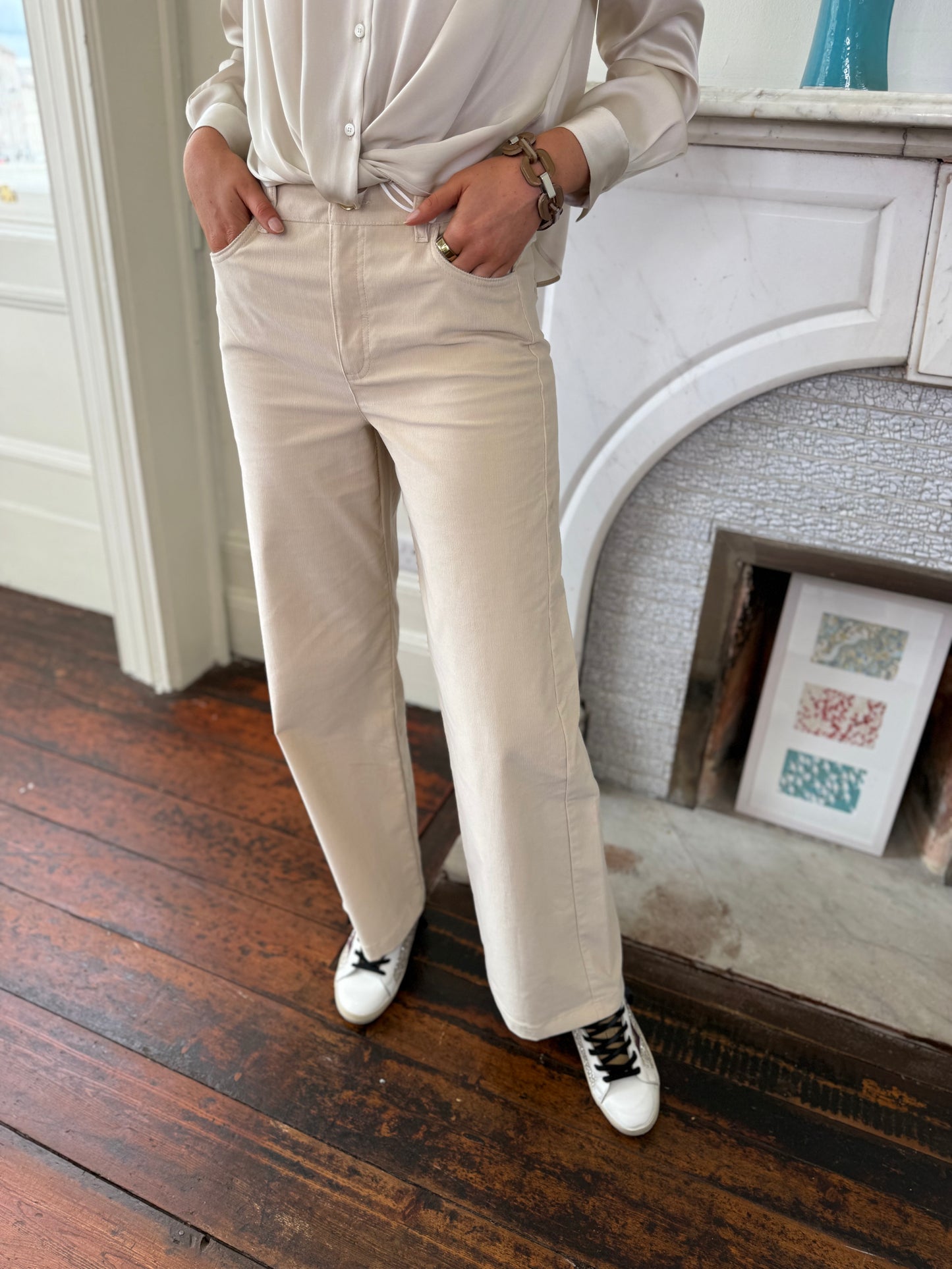 Rosso35 Cream Cotton Wide Leg Trousers