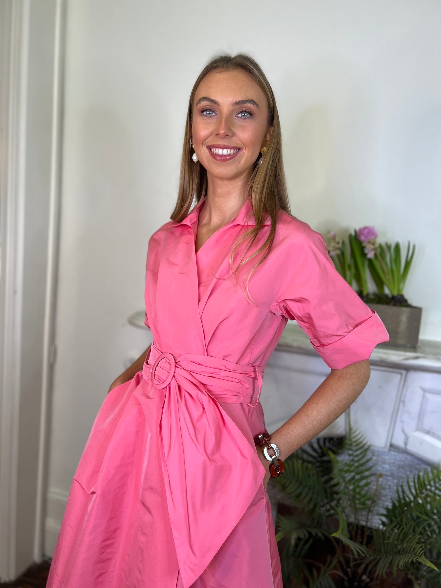 Moskada Pink Taffeta Wrap Shirt Dress with Short Sleeve