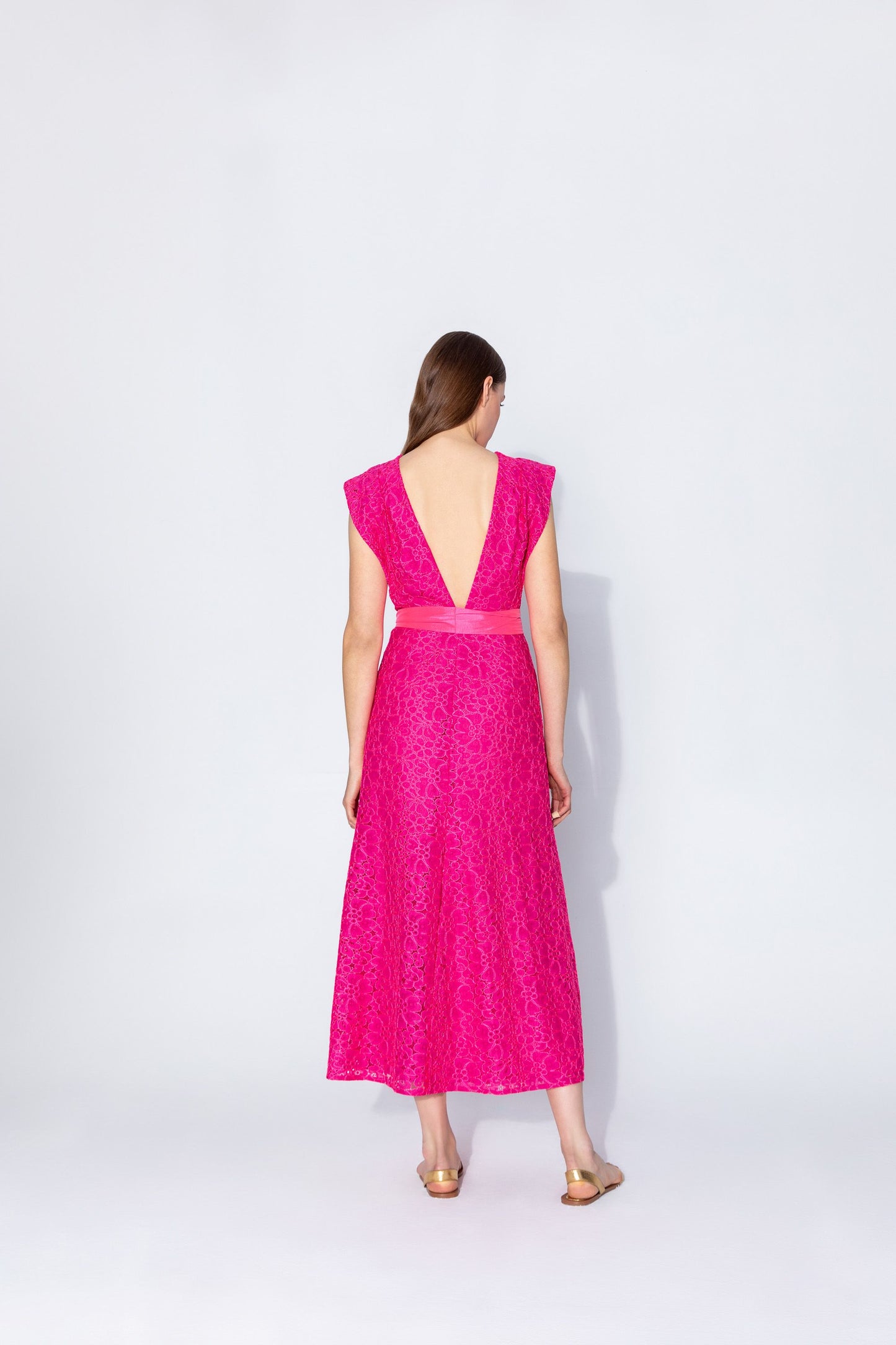 Cerise Pink Lace Fit and Flare Dress with Tie Belt