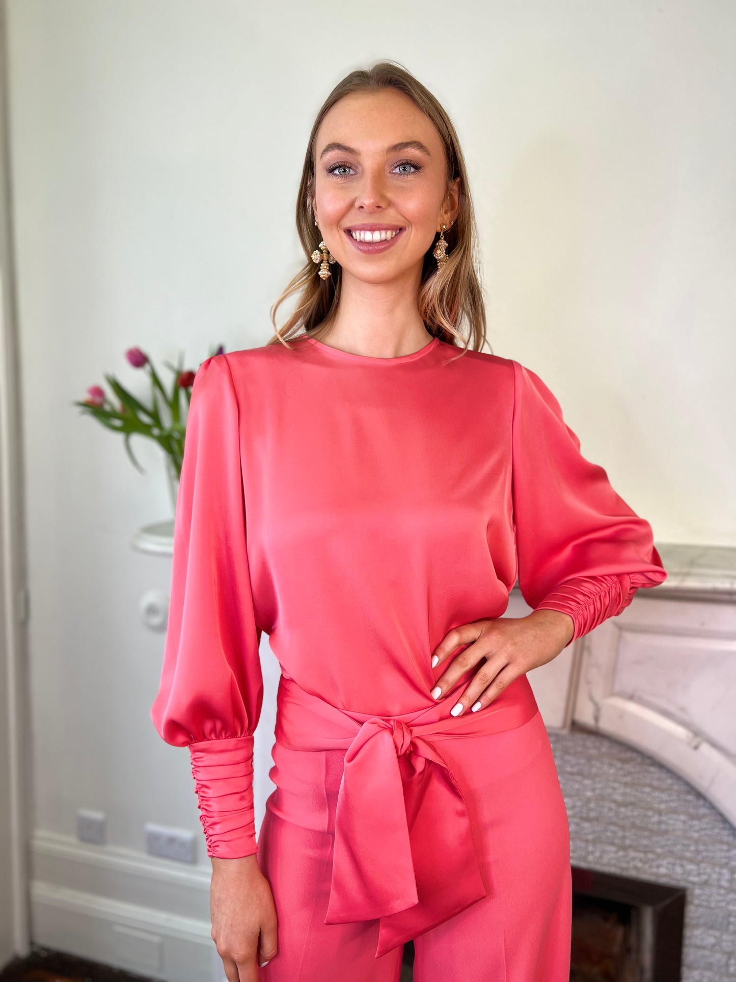 Coral Pink Blouse and Straight Leg Trousers With Tie Detail