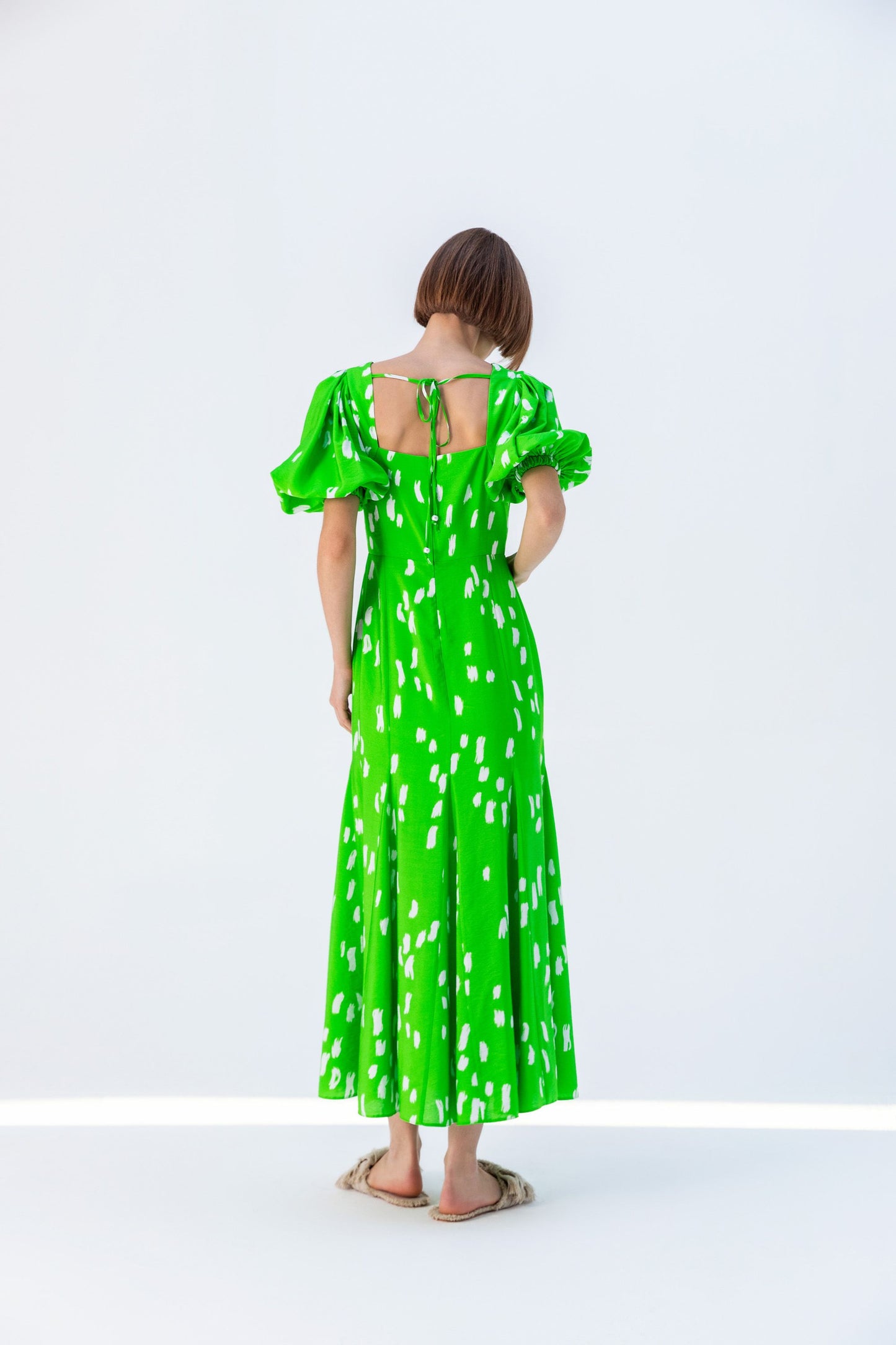 Neon Green and Cream Printed Fit and Flare Dress with Sleeve Detail and Tie at the Back