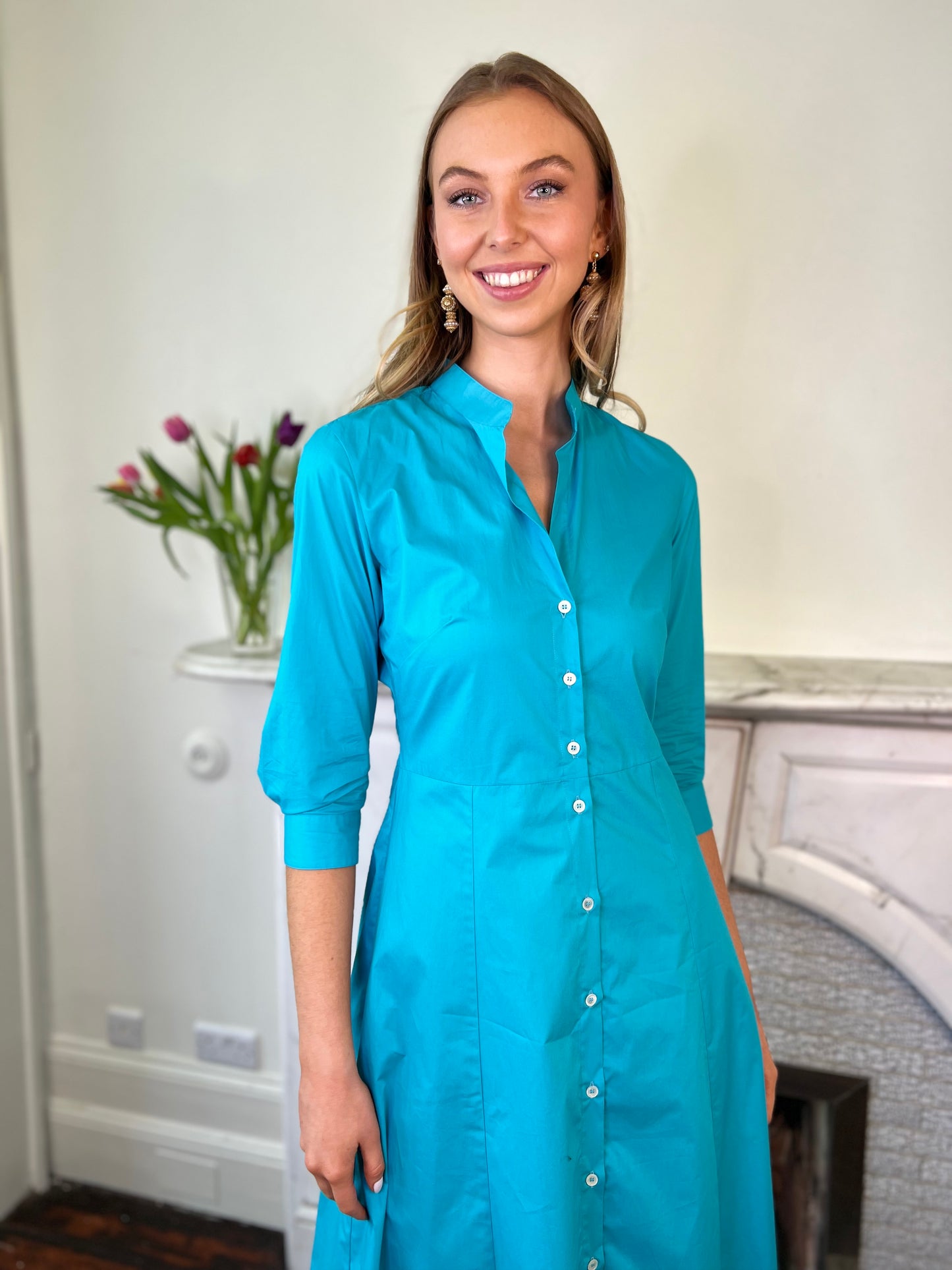 Turquoise Cotton Poplin Shirt Dress with Mandarin Collar