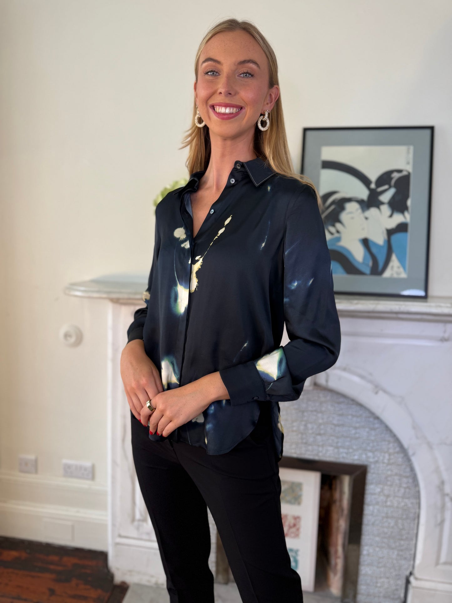 Beatrice B Dark Sapphire and Cream Abstract Flower Print Shirt