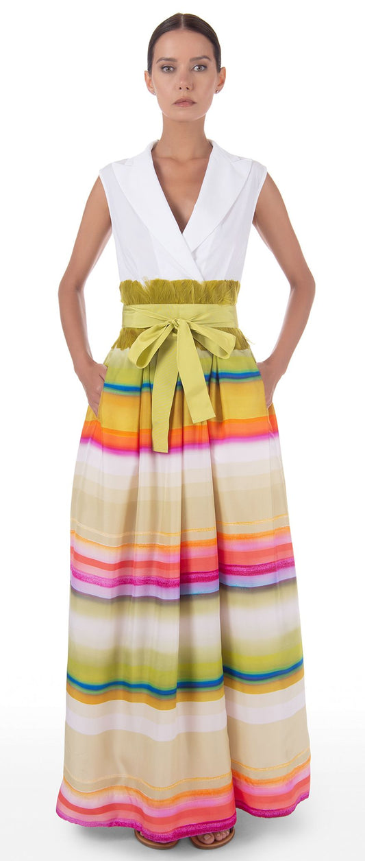 Aretty Sleeveless Dress with White Top and  Striped Silk Skirt