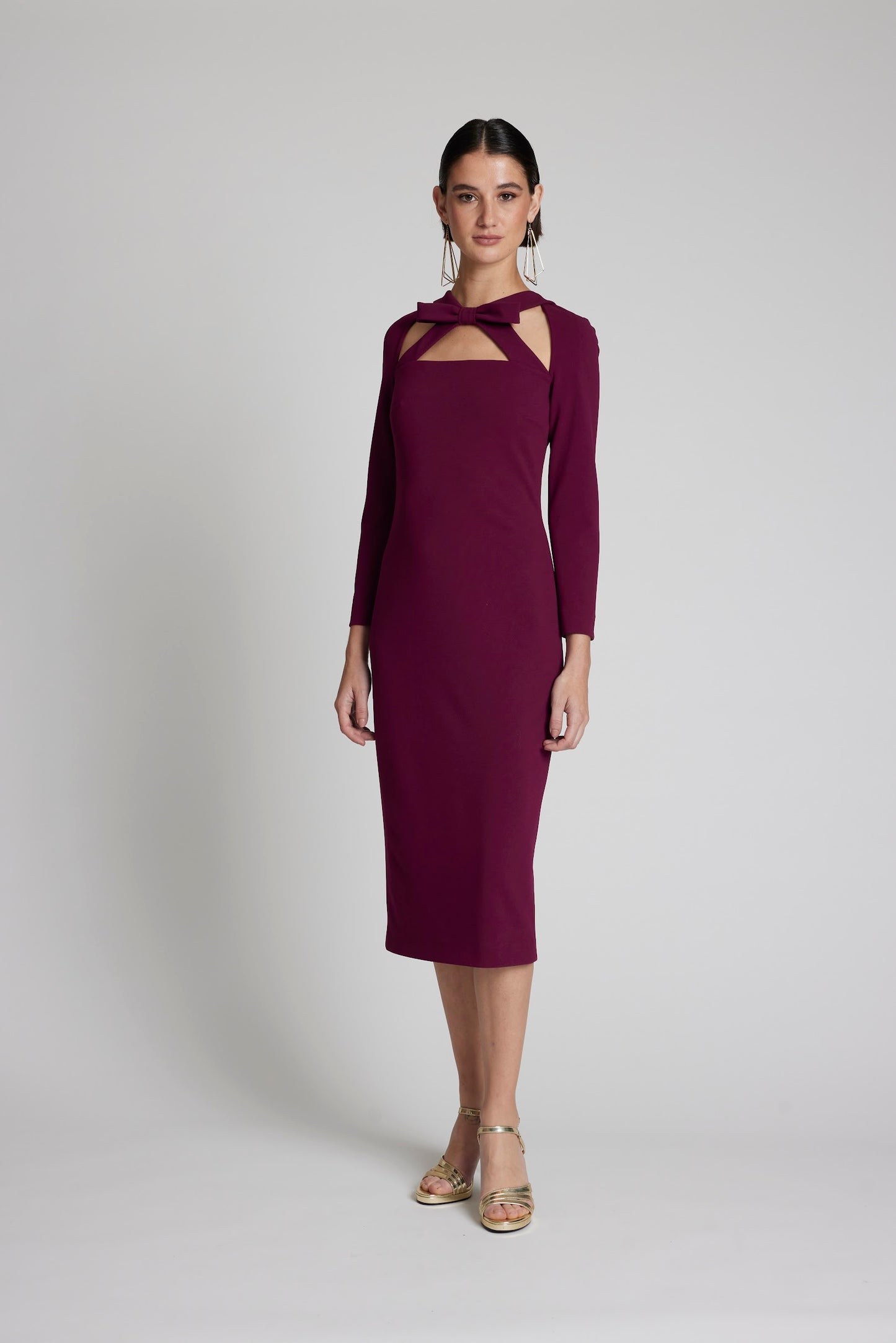 Moskada Fitted Burgundy Dress with Cut out Bow Detail