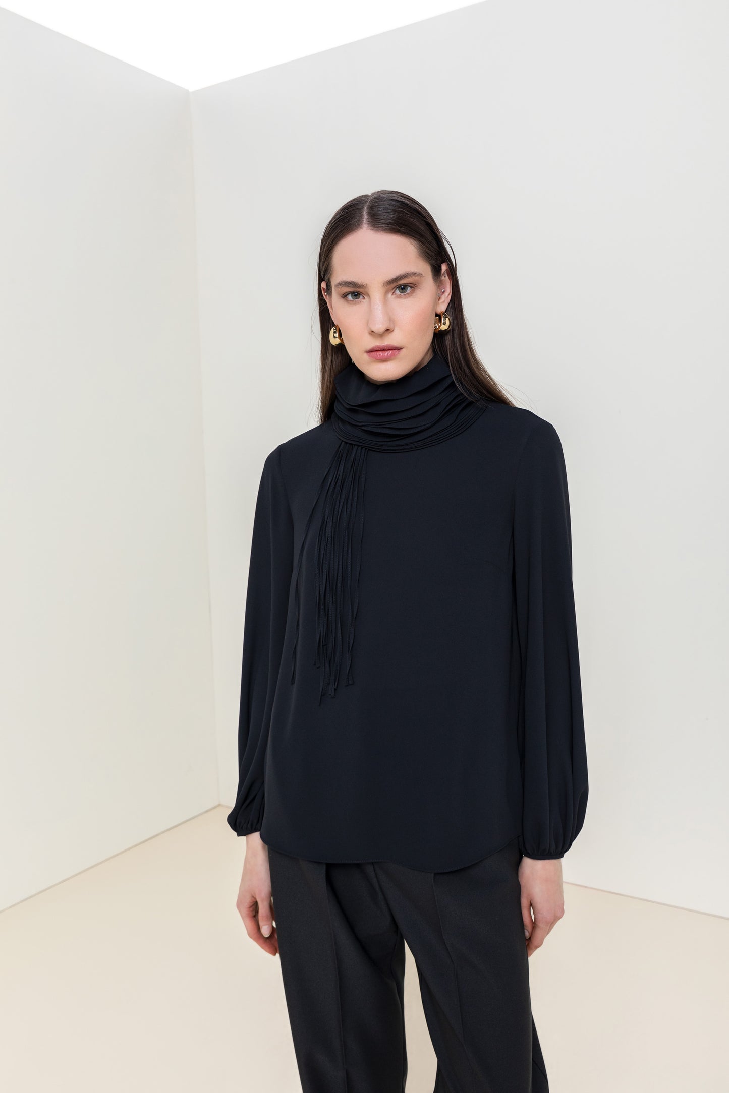 Kameya Black Blouse with Folded Neck Detail