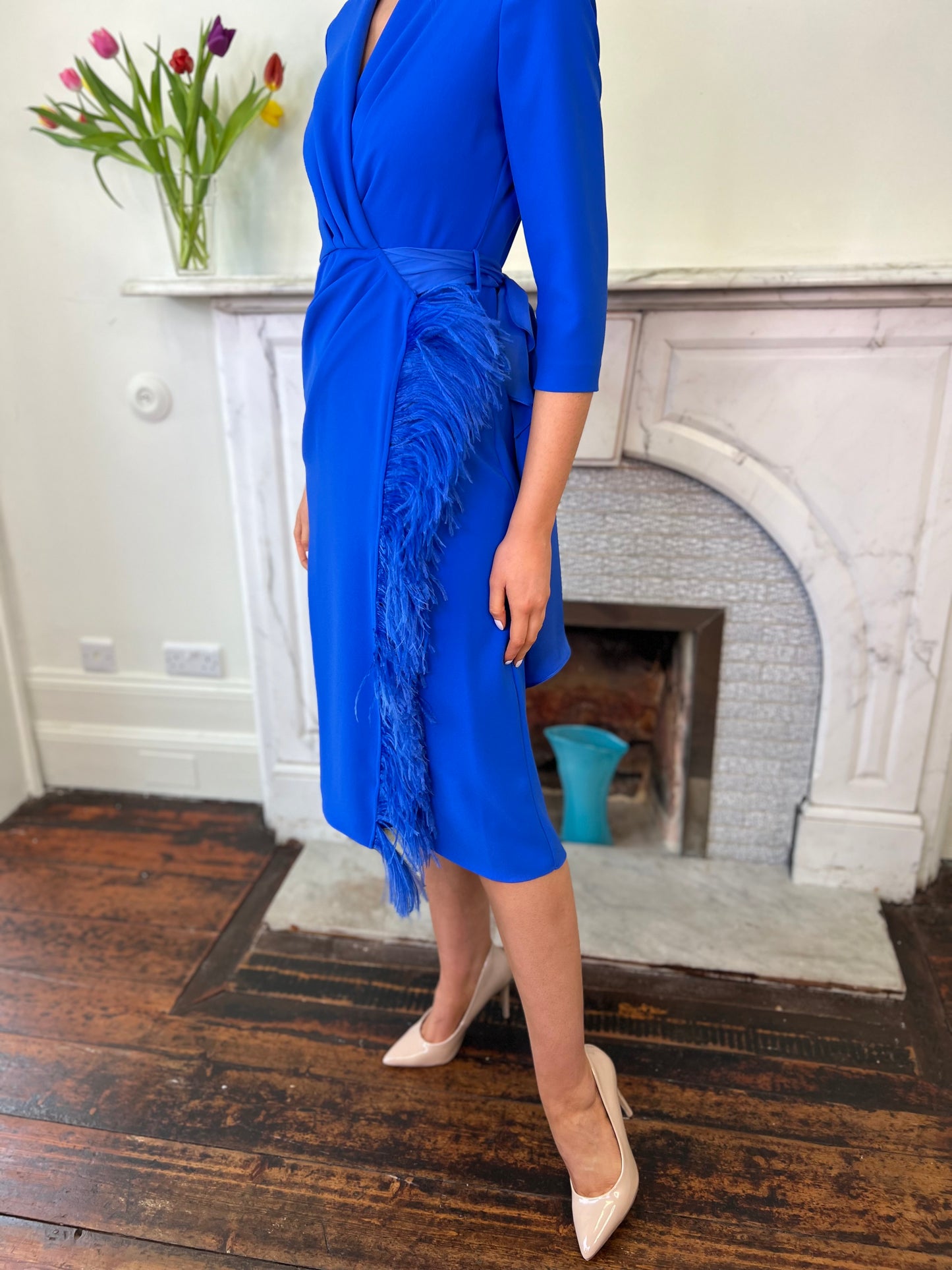 Tulipan Sapphire Blue Wrap Dress with Feather Trim