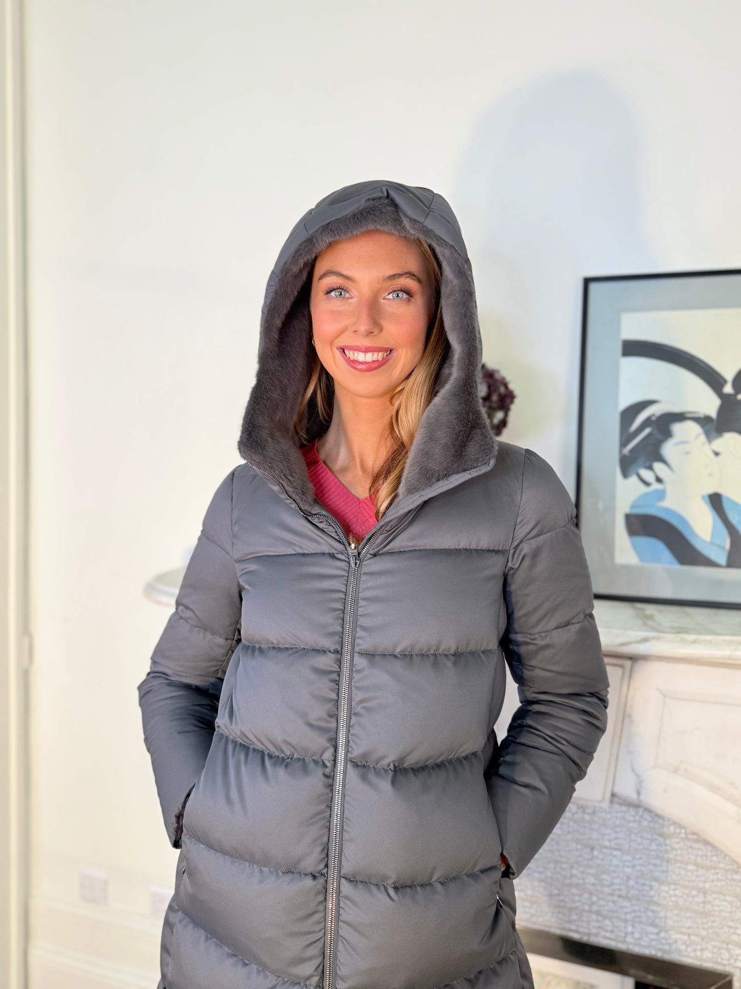 Herno Arendelle A-Shape Grey Quilted Jacket with Faux Fur Lined Hood