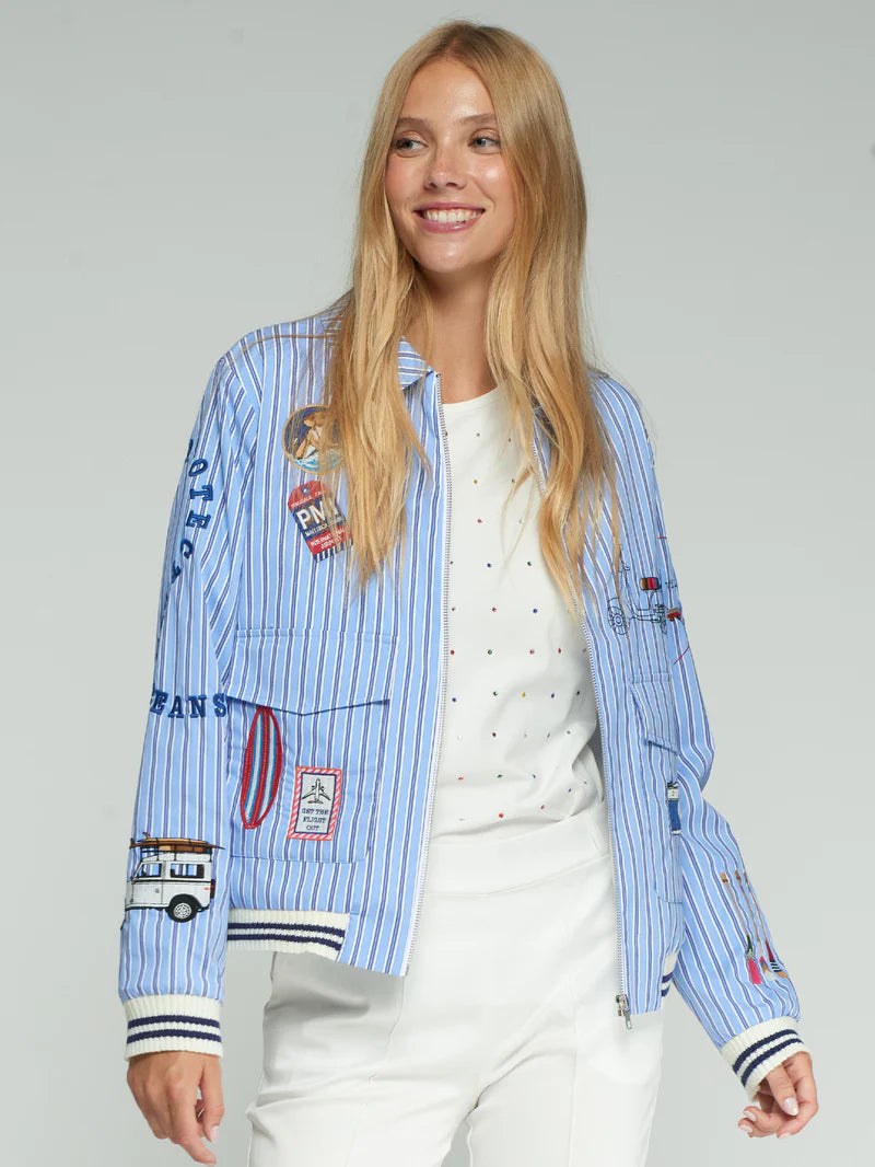 Vilagallo Blue Striped Bomber Jacket Surf Embroiders