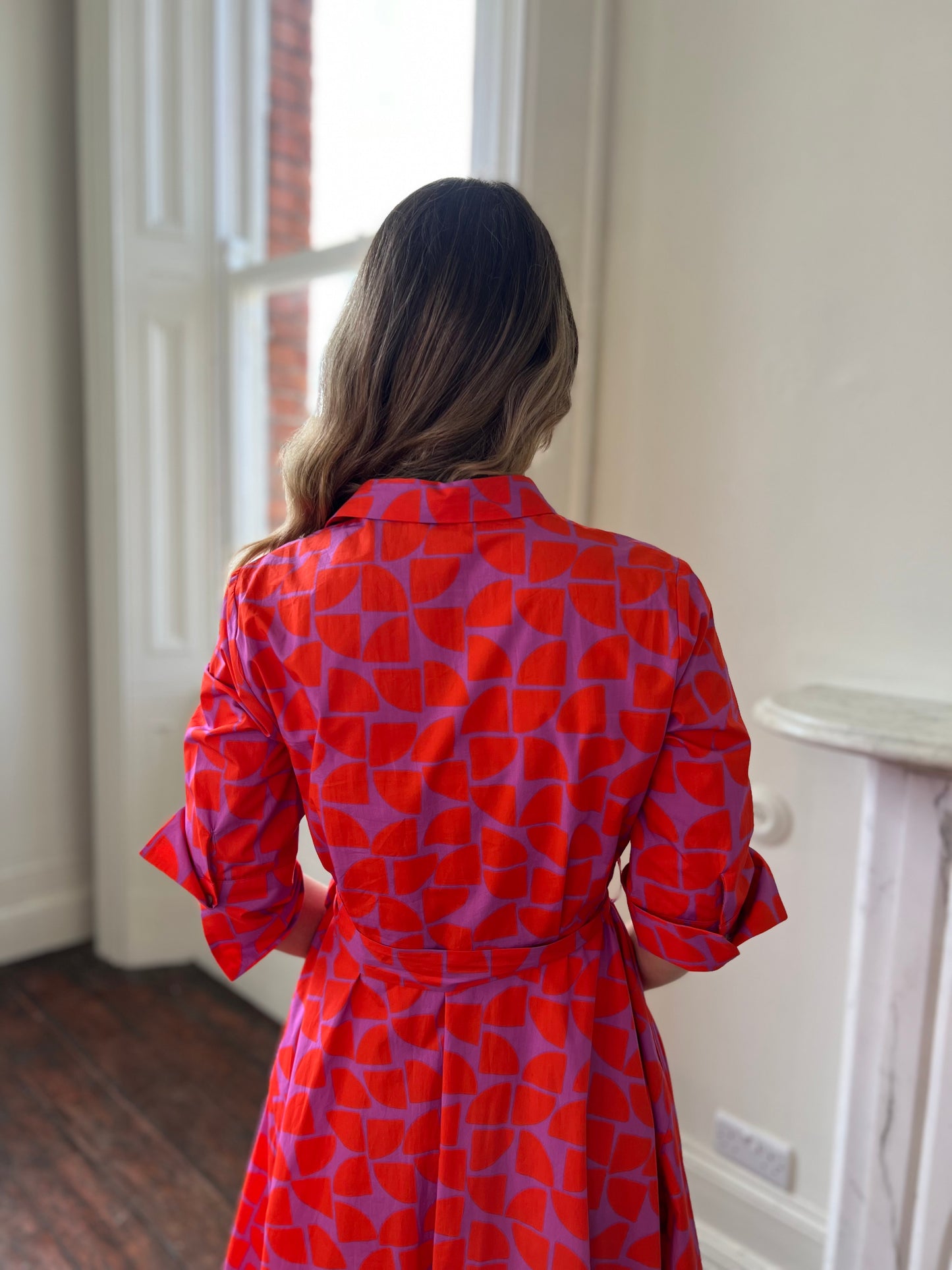 Coral Red and Purple  Abstract  Printed Shirt Dress