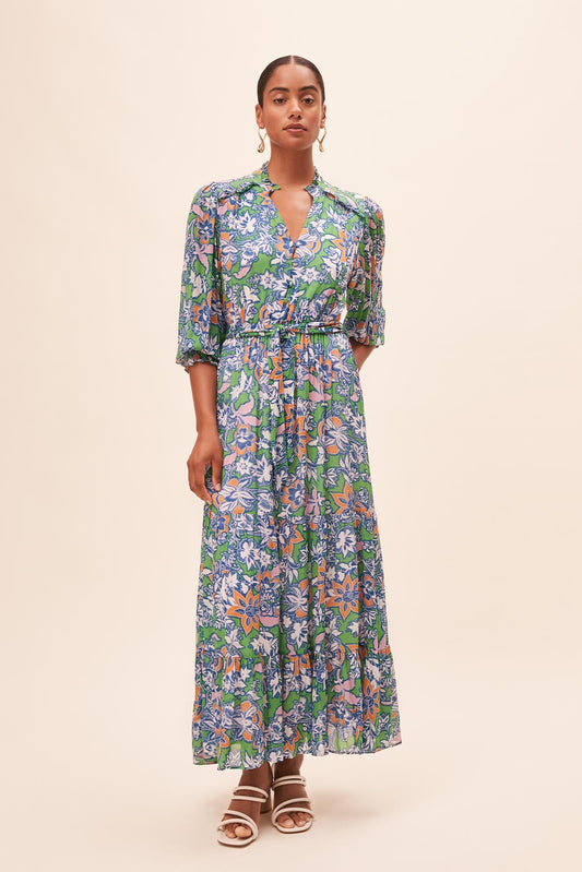 Cosmos-Floral Print Long Belted Dress