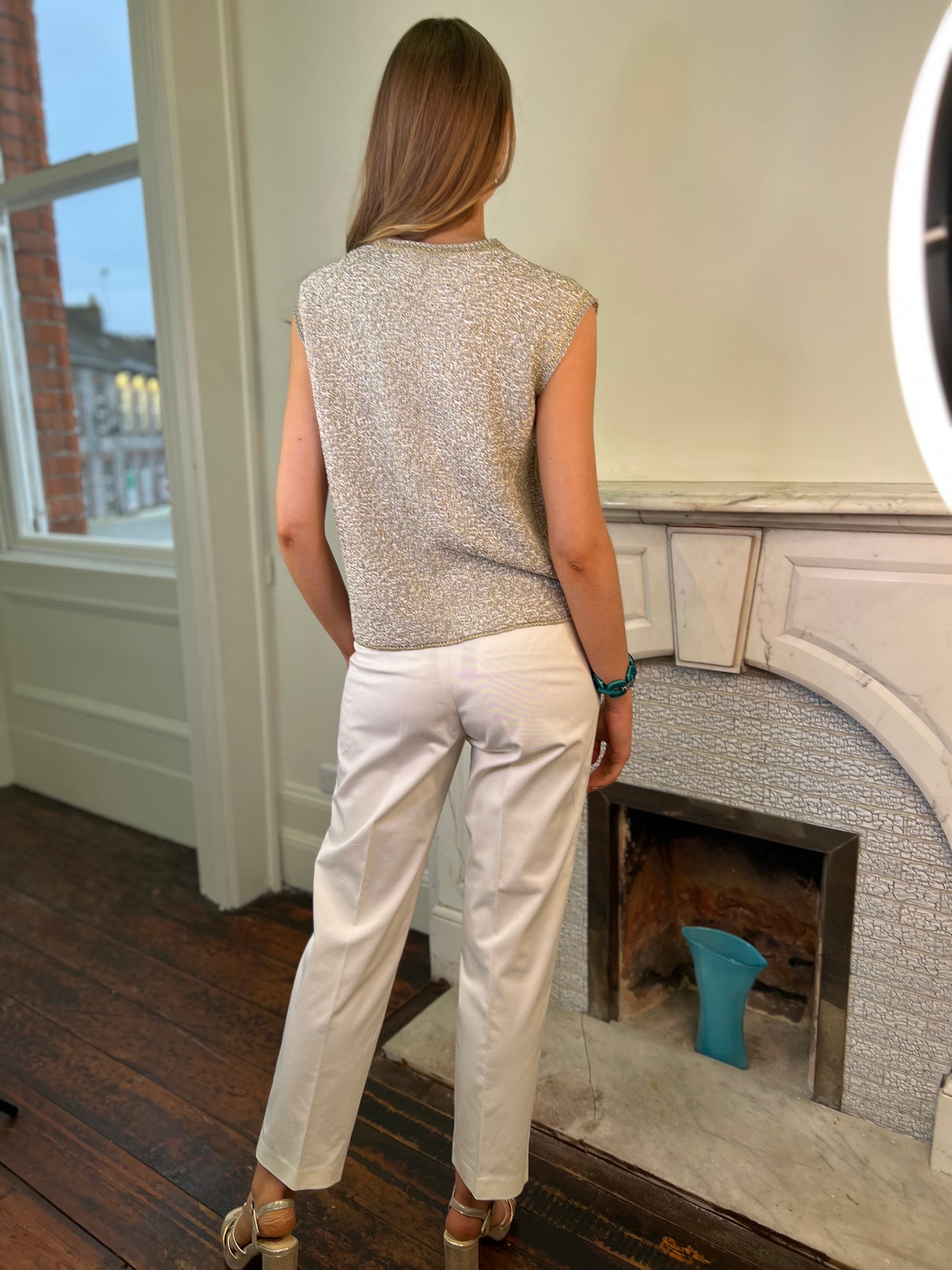 Cream Cotton Straight Leg Trousers with Silver Beaded Trim