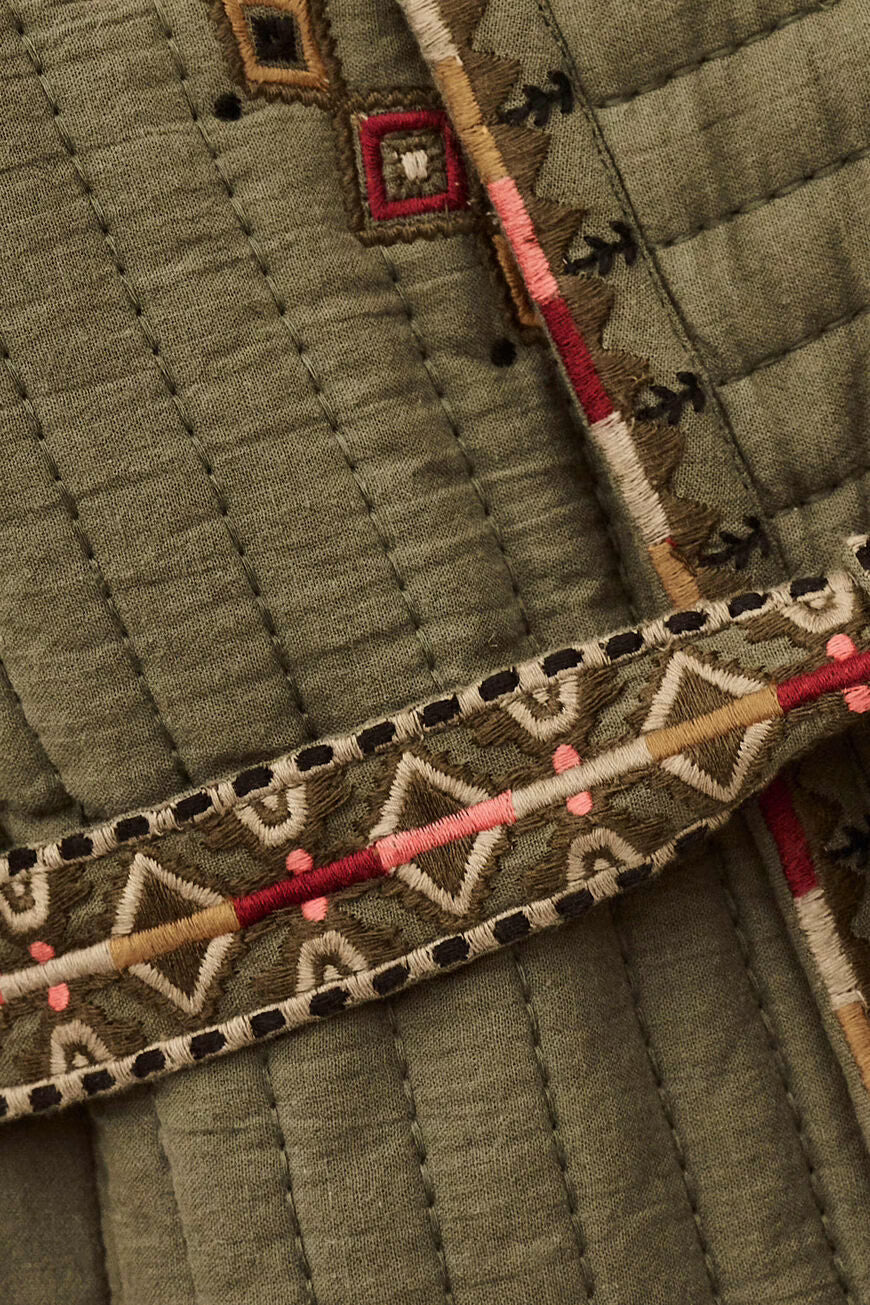 Ba&sh Khaki Green Quilted Jacket with Embroidered Detail and Belt