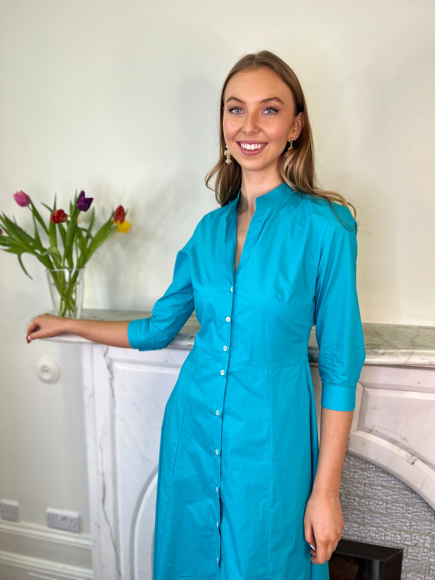 Turquoise Cotton Poplin Shirt Dress with Mandarin Collar