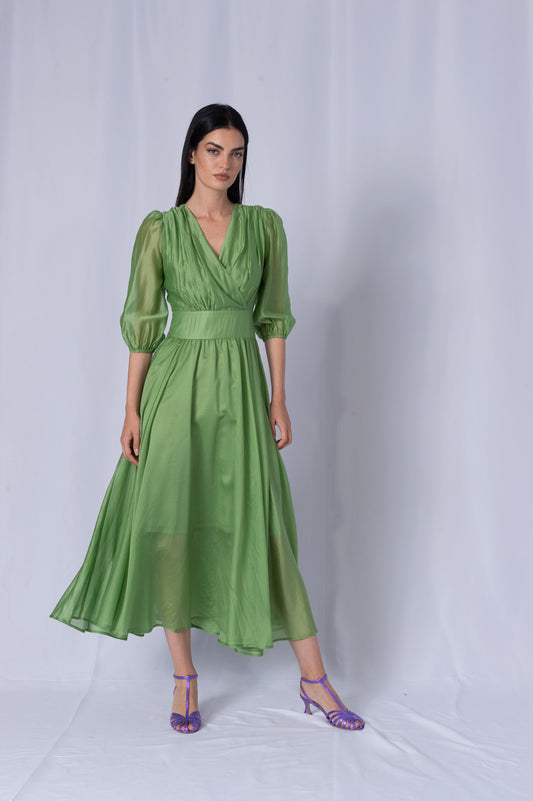 Sage Green  Chiffon Midi  Dress with Belt