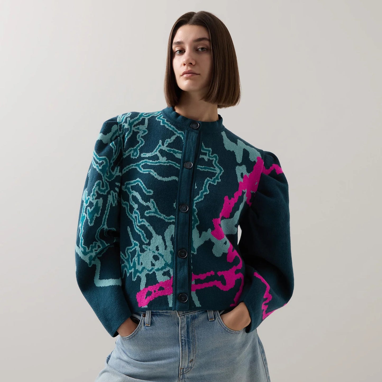 Urban Aran Graphic Barrel-Sleeve Cardigan Blue
