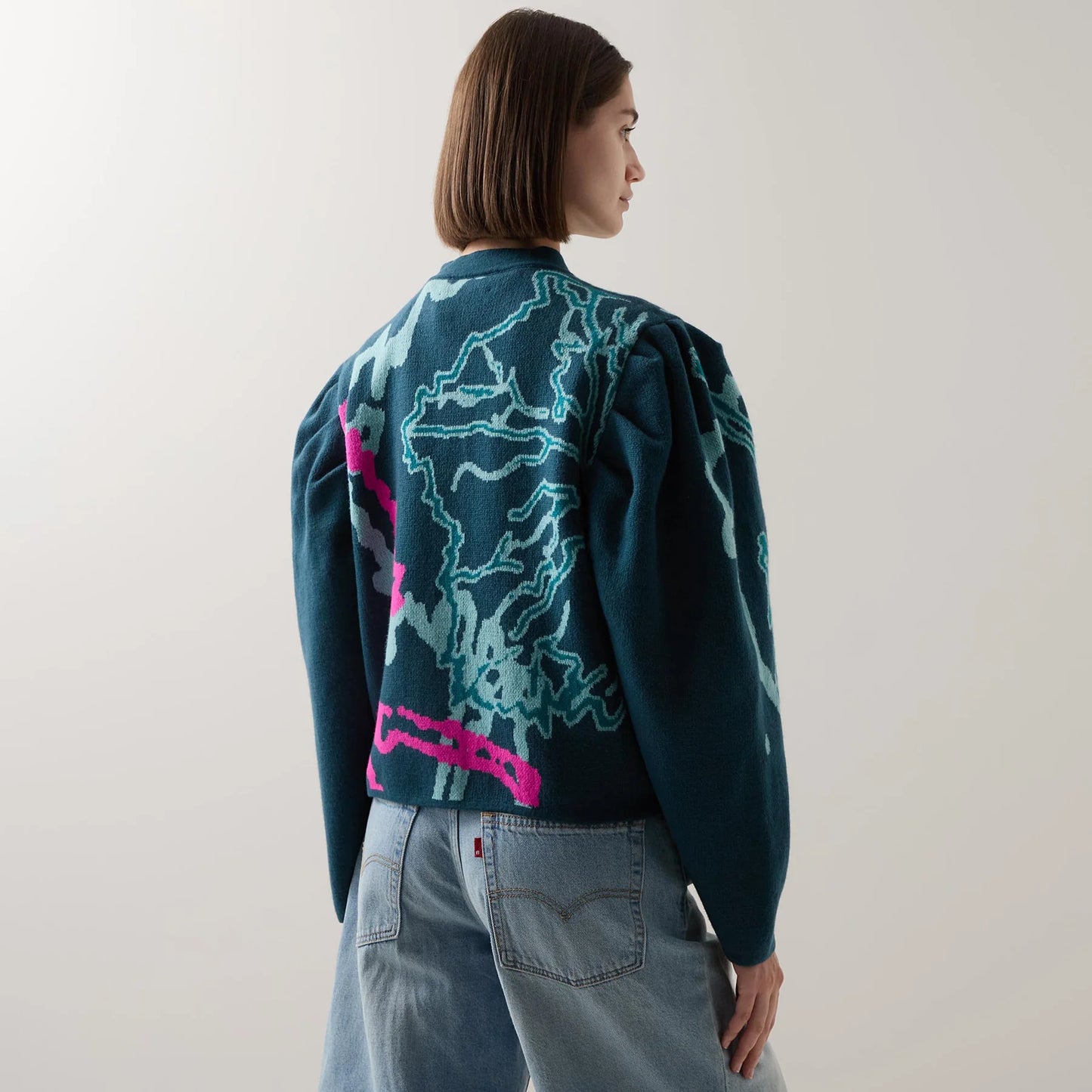Urban Aran Graphic Barrel-Sleeve Cardigan Blue