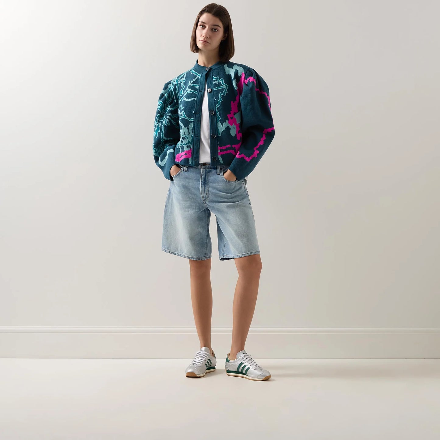 Urban Aran Graphic Barrel-Sleeve Cardigan Blue