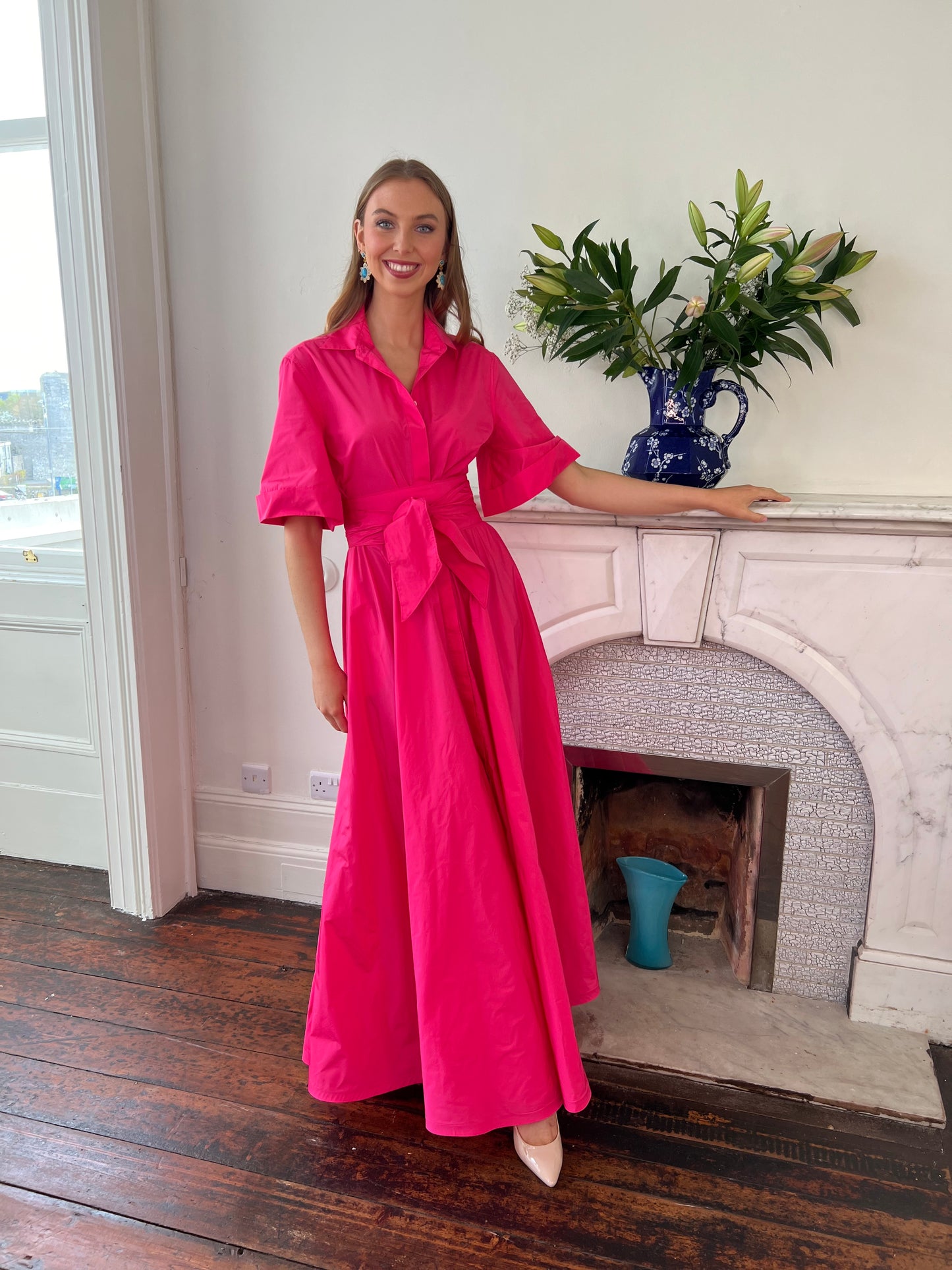 Magenta Pink Taffeta Full Length Shirt Dress