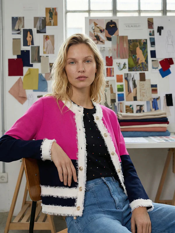 Vilagallo Fuchsia and Navy Cardigan with Frayed Trim