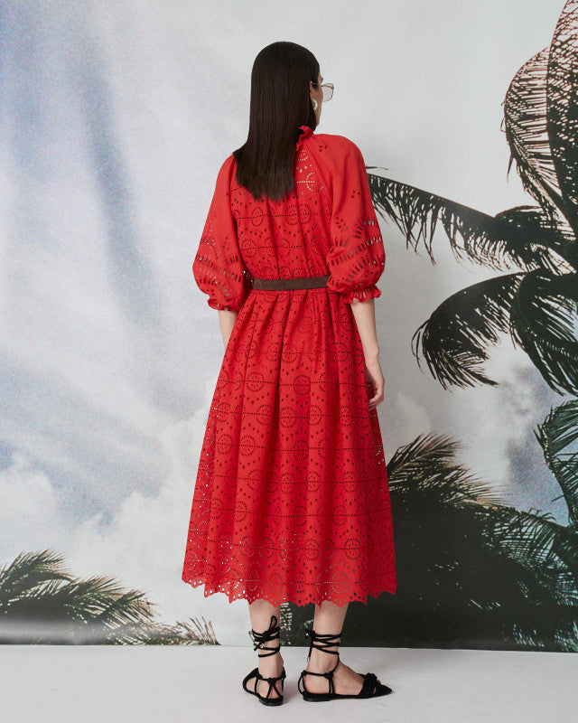 Broderie Anglaise Rust Red  Midi Dress with Three Quarter Sleeve.