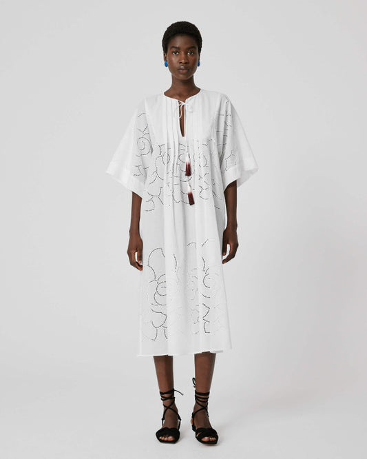White Kaftan Dress With Jour Floral Embrodiery
