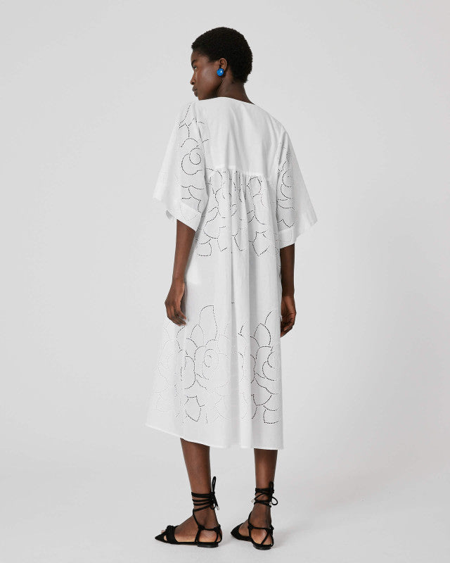 White Kaftan Dress With Jour Floral Embrodiery