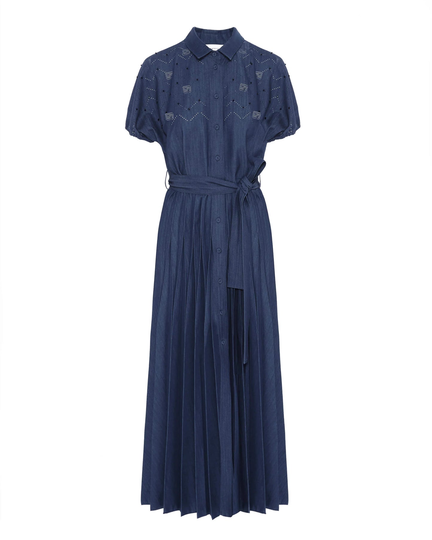 Beatrice B Estella Pleated and Hand Embroidered Navy Dress