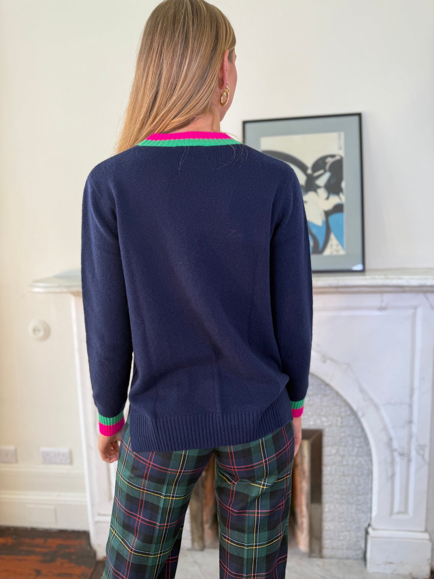 Vilagallo Navy Wool-Blend Cardigan With Coloured Trims