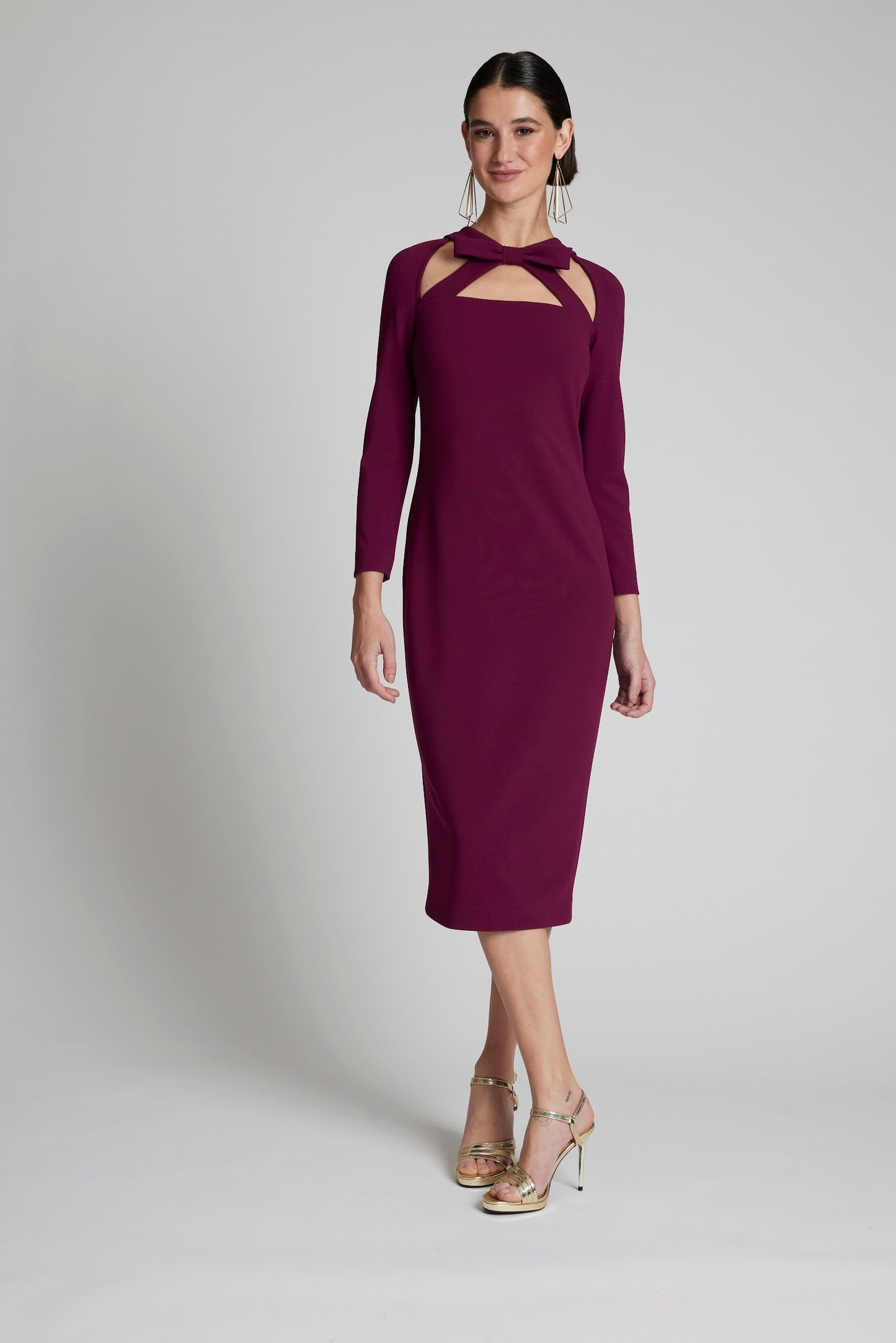 Moskada Fitted Burgundy Dress with Cut out Bow Detail