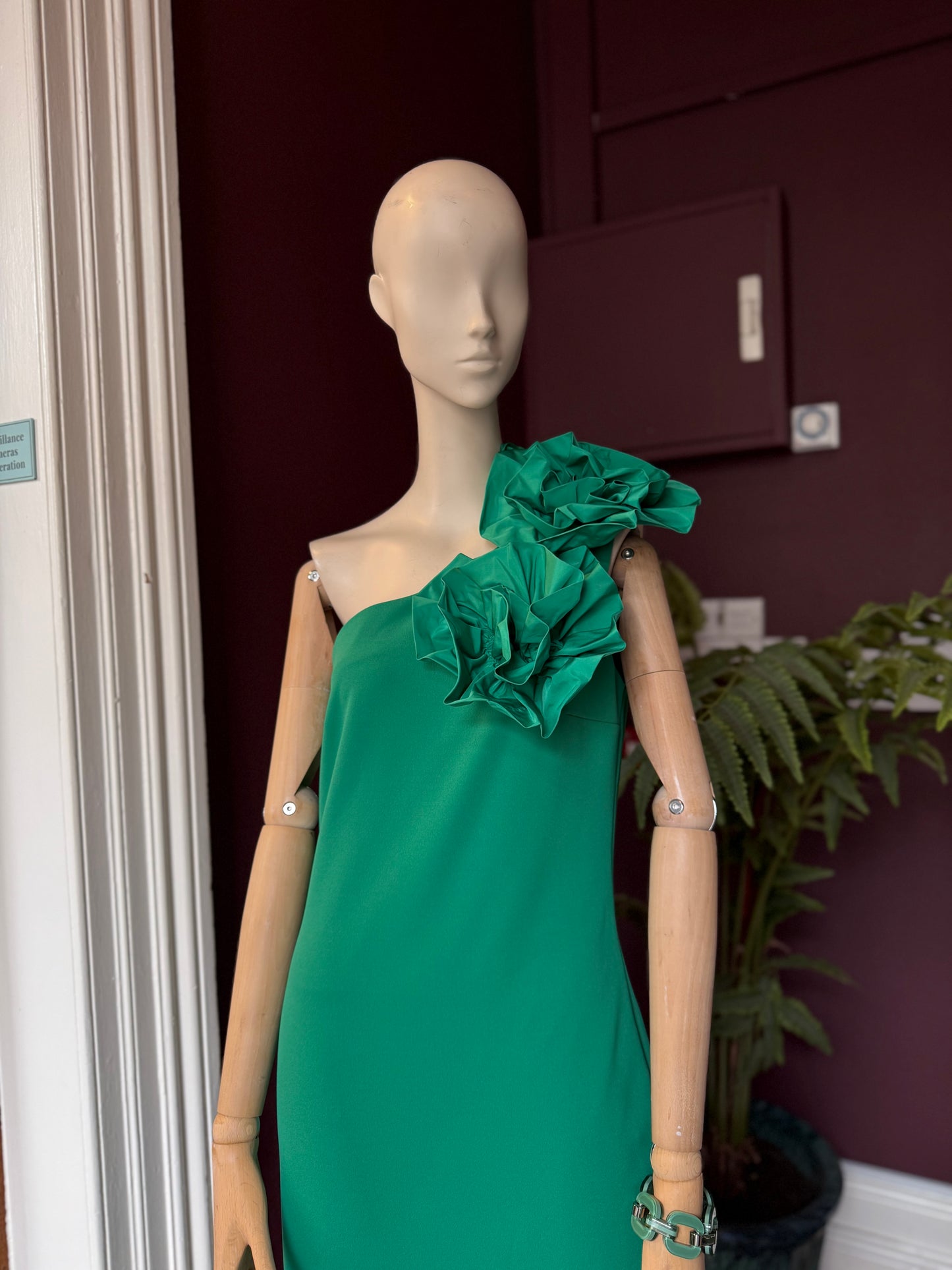Moskada Green One Shoulder Dress with Rosettes