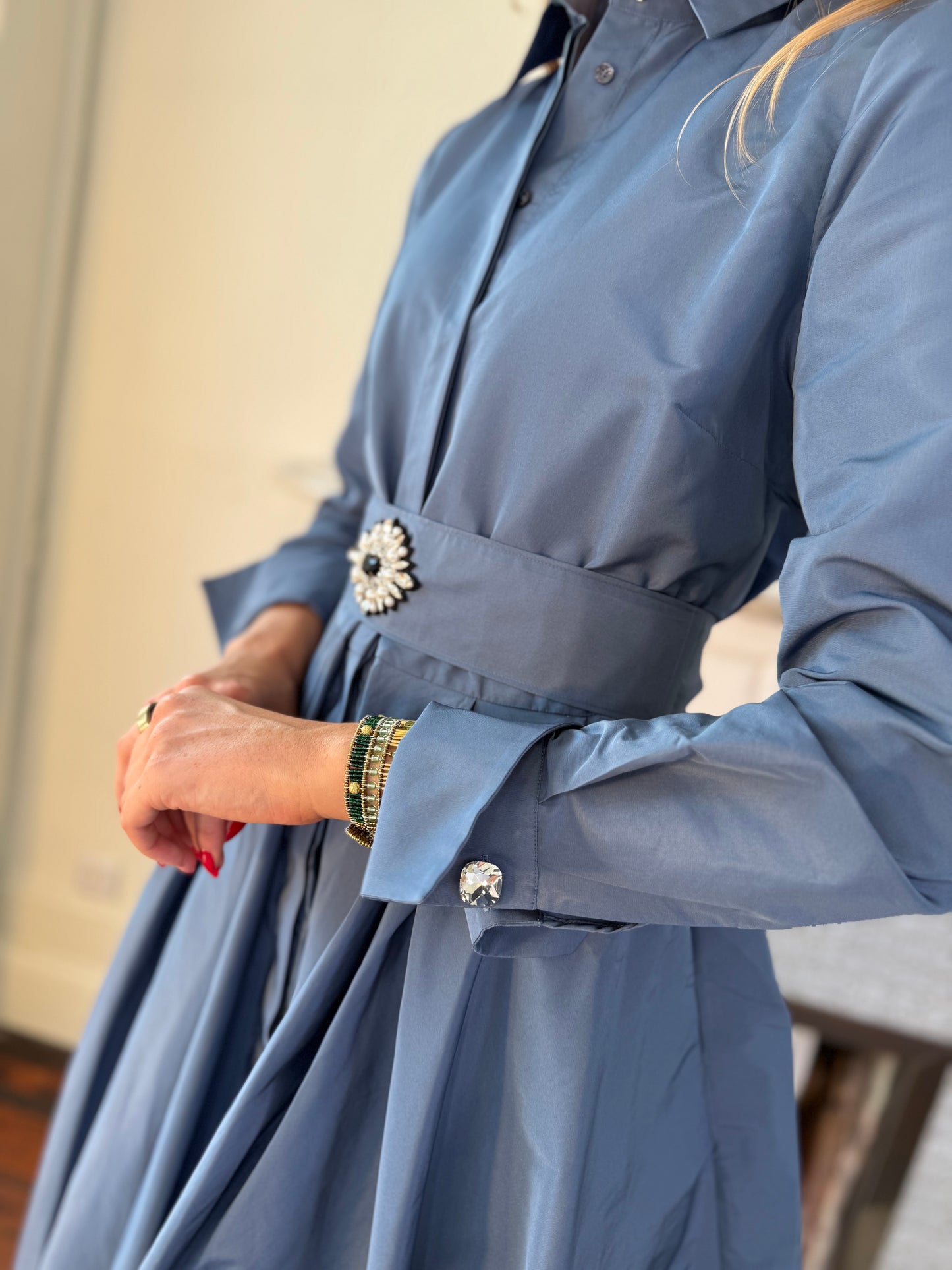 Sara Roka Silver Blue Taffeta Shirt Dress