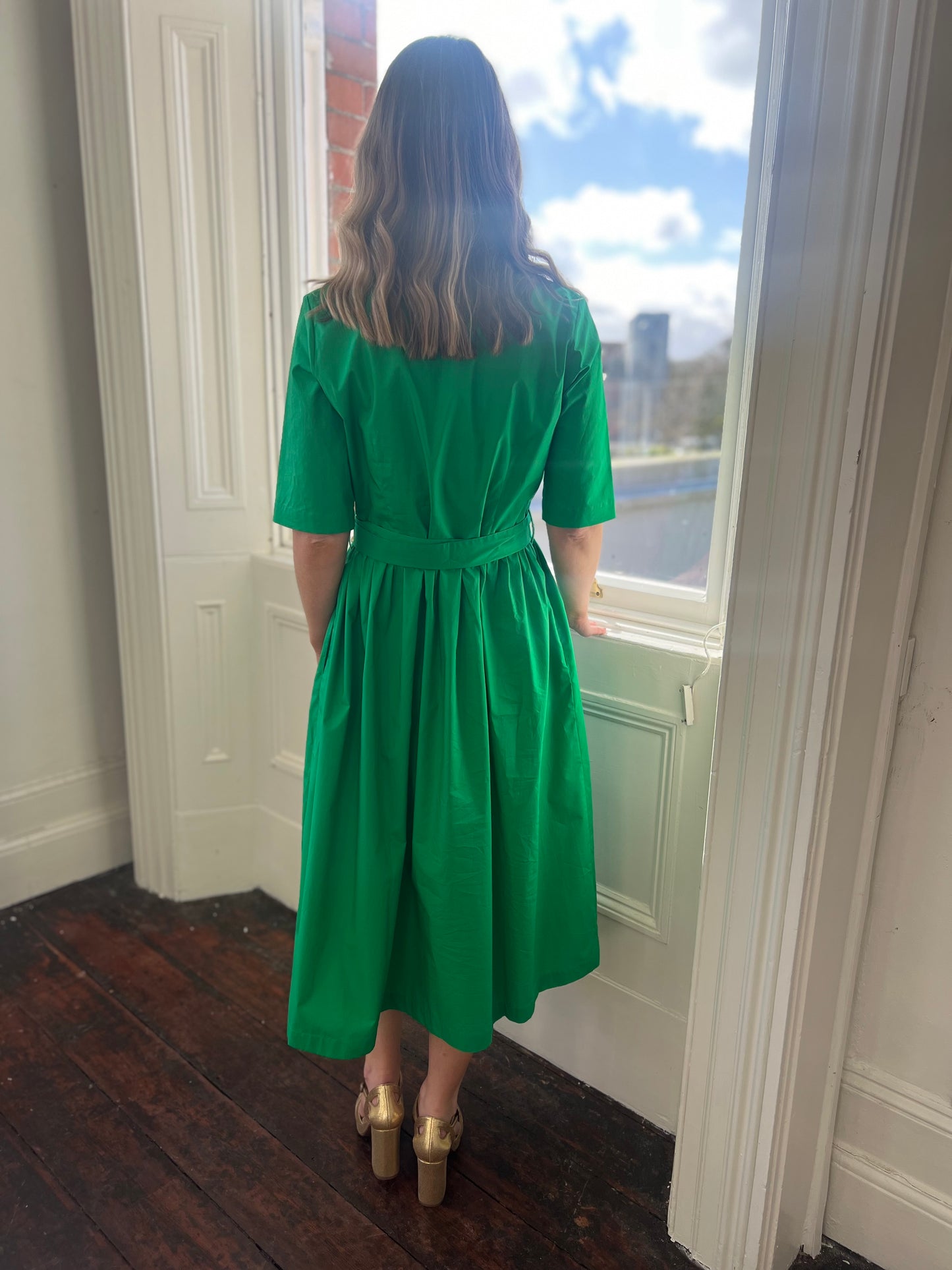 Emerald Green Poplin Cotton Dress with Mandarin Collar
