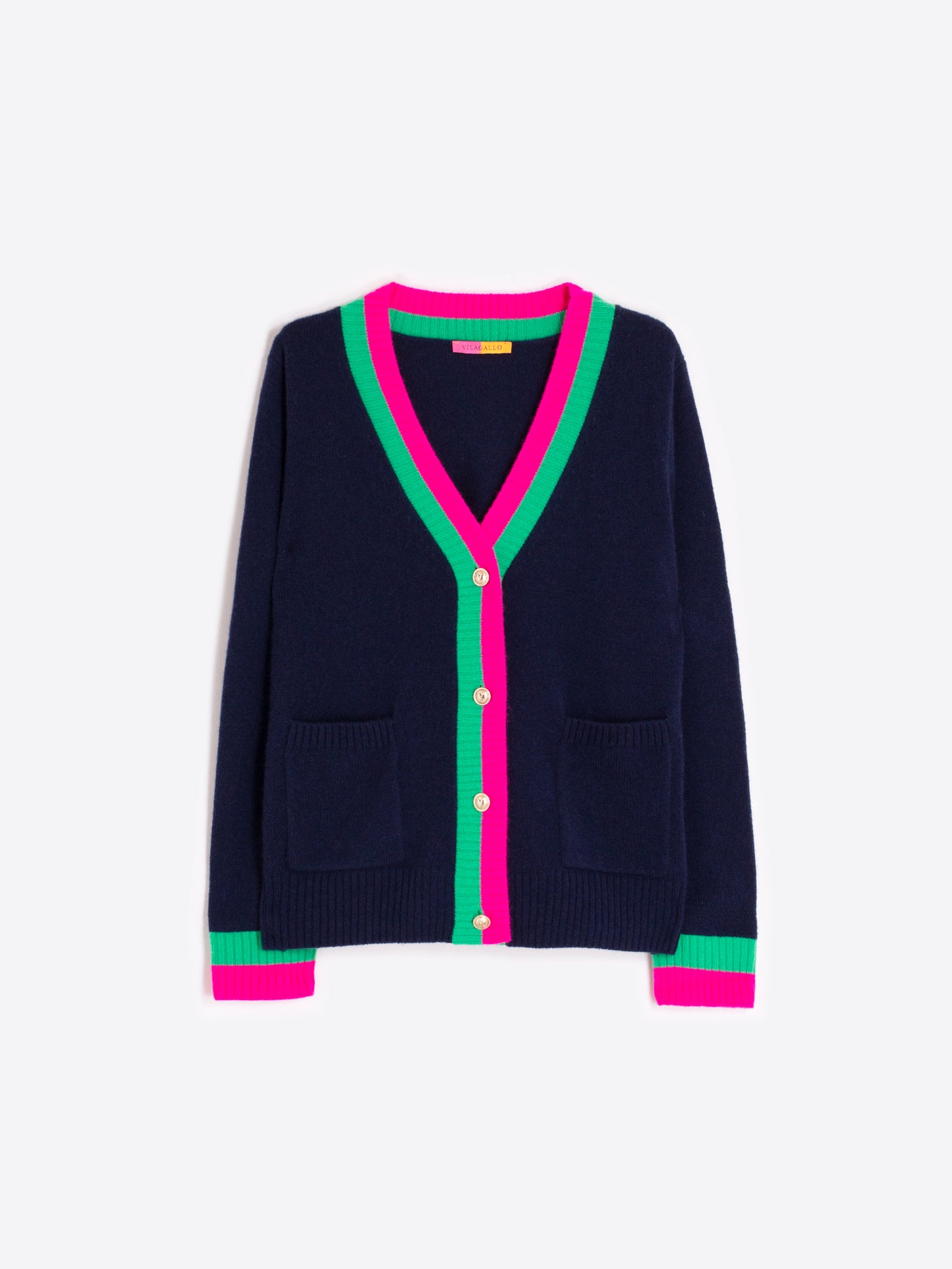 Vilagallo Navy Wool-Blend Cardigan With Coloured Trims