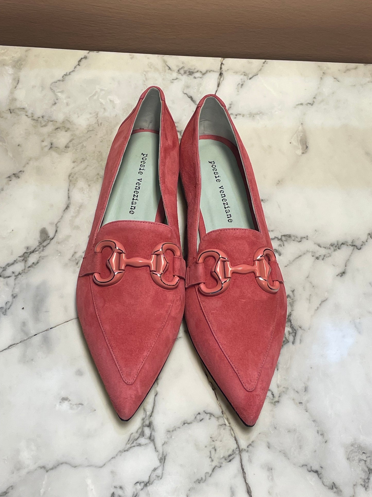 Deep Rose Pink Suede Pumps with Pointed Toe and Pink Hardware