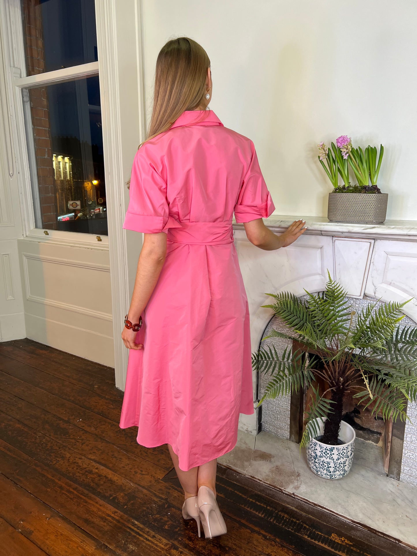 Moskada Pink Taffeta Wrap Shirt Dress with Short Sleeve