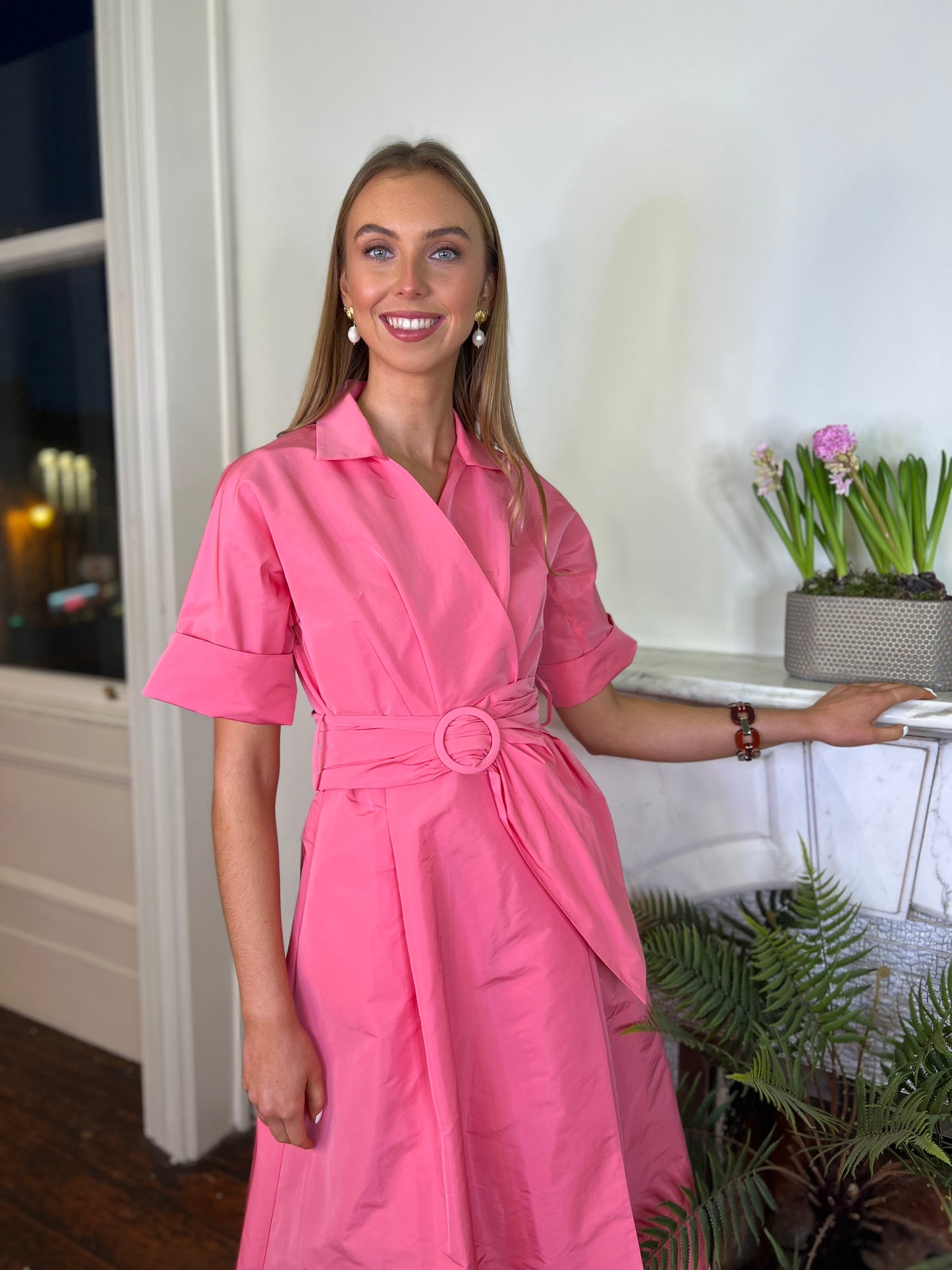 Moskada Pink Taffeta Wrap Shirt Dress with Short Sleeve