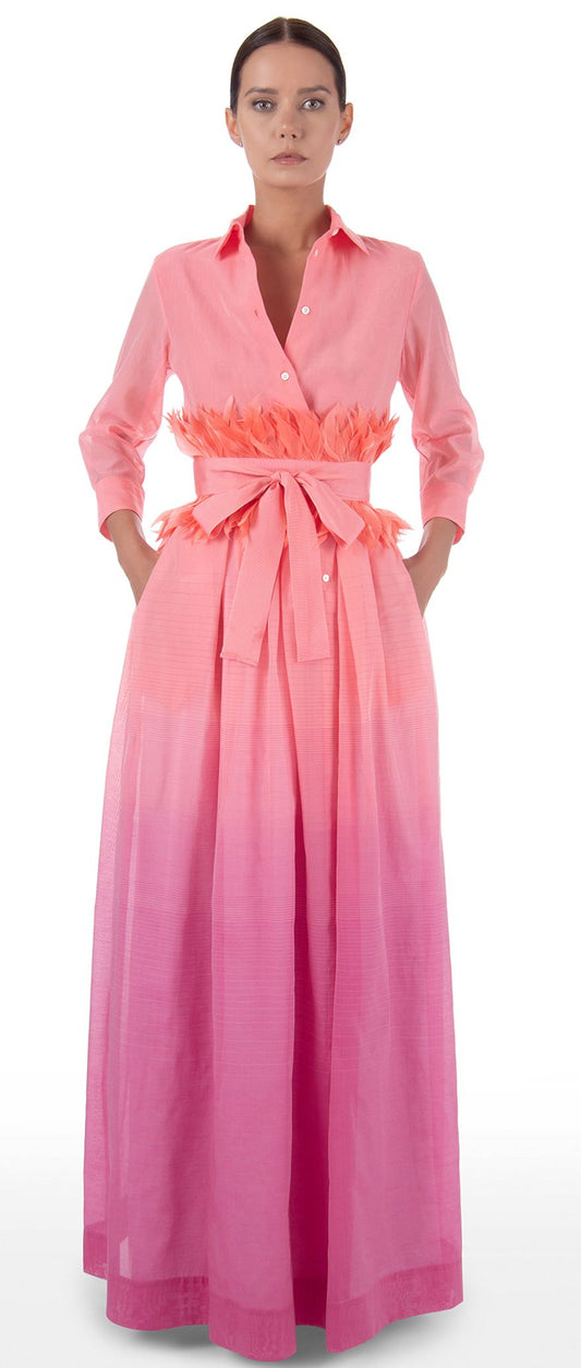 Enda Silk Cotton Coral Pink and Cerise Pink Midi Shirt  Dress with Gross Grain Belt