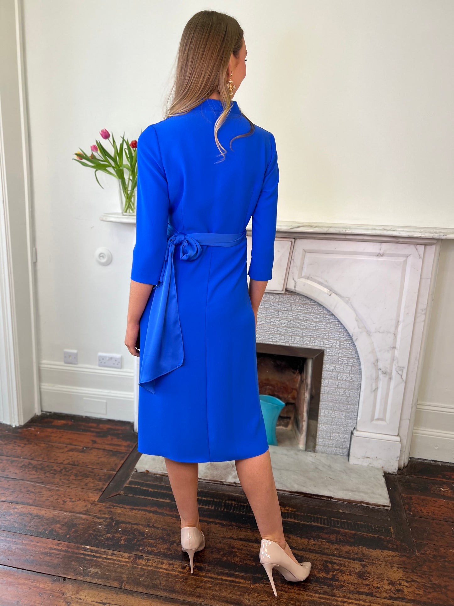 Tulipan Sapphire Blue Wrap Dress with Feather Trim