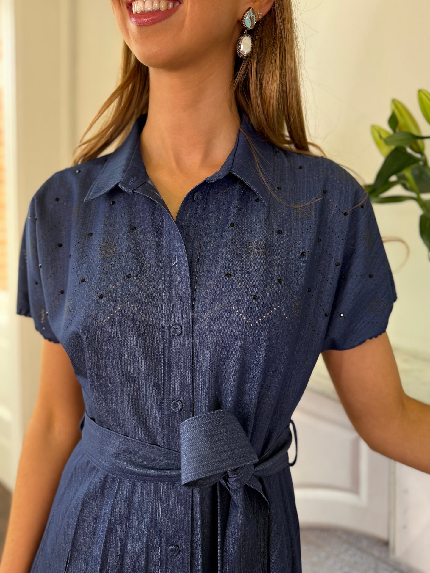 Beatrice B Estella Pleated and Hand Embroidered Navy Dress