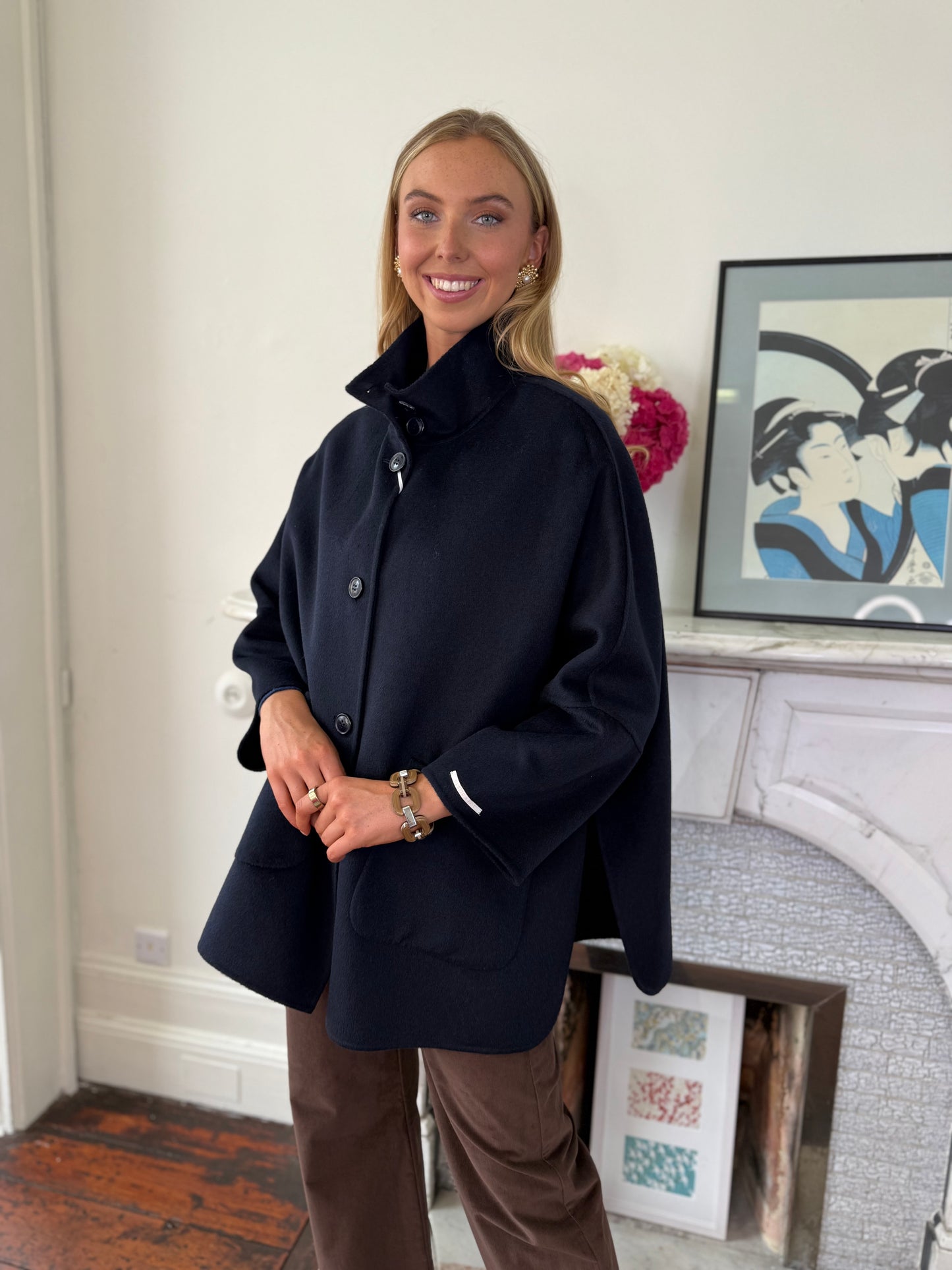 Iblues Brunner Double Faced Wool Car Coat in Navy
