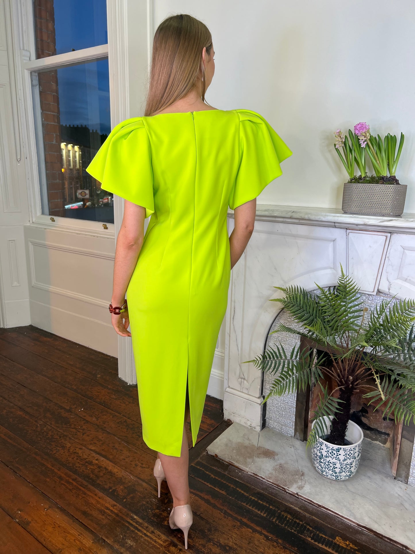 Moskada Fitted Lime Green Dress with Shoulder Detail