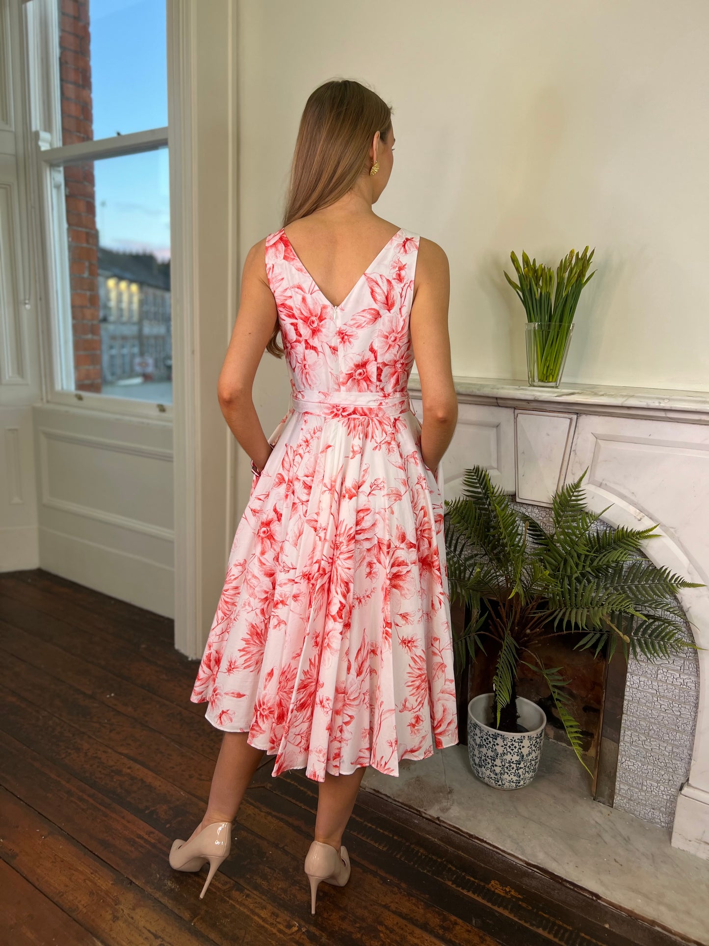 Sleeveless Coral Floral Print Dress