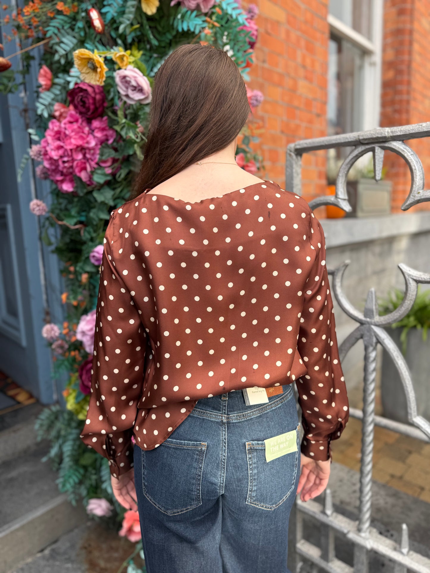 Caliban Silk Brown And Cream Polka Dot Top