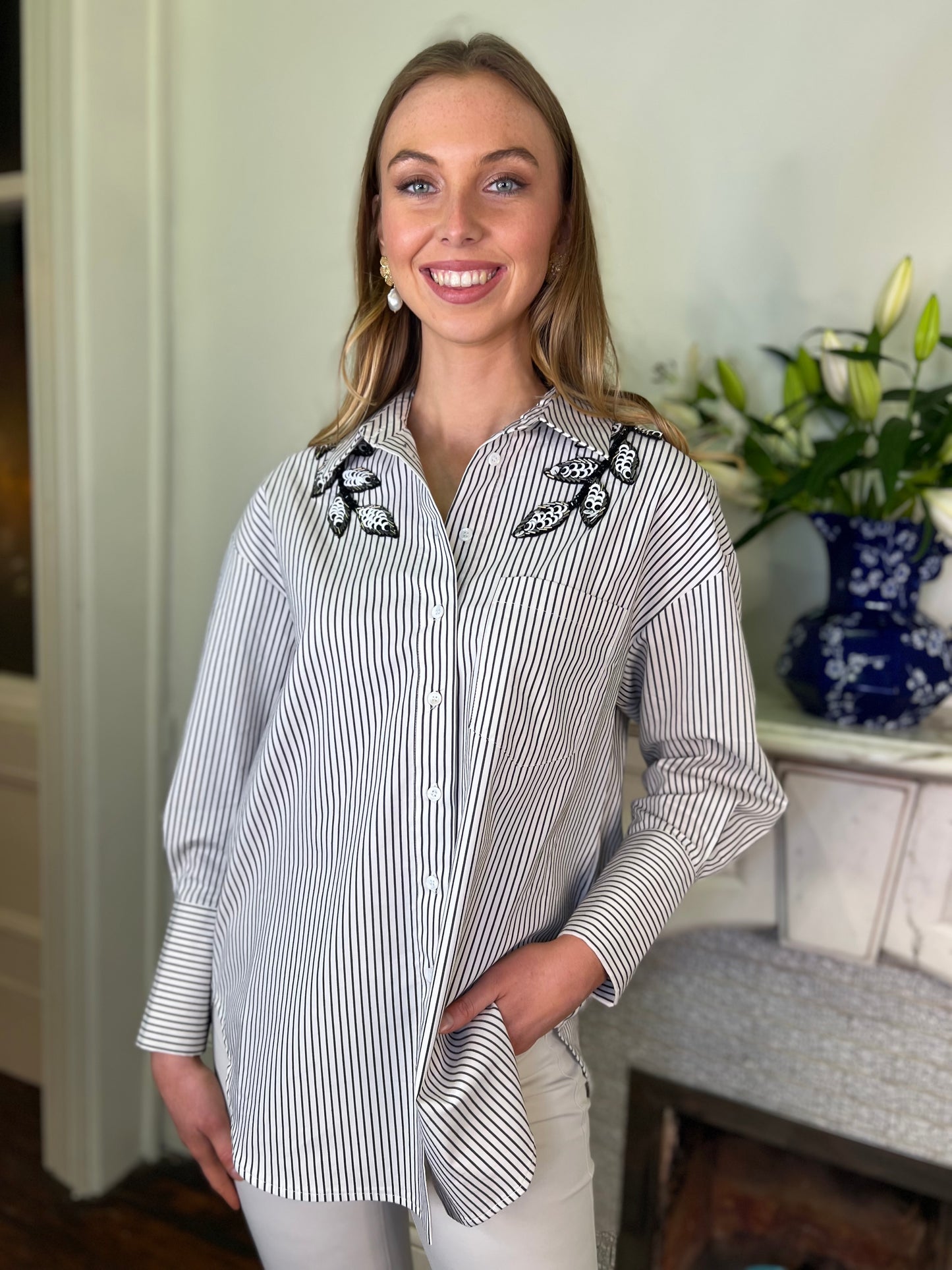 Black and White Pin stripe Relaxed Shirt with Beaded Detail