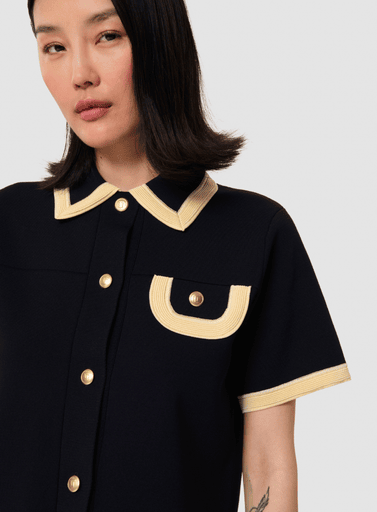 Tara Jarmon Navy Knit Cardigan with Cream Trim and Gold Buttons