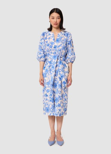 Tara Jarmon Rochella Sky Blue and Off White Poplin Cotton Dress with Belt