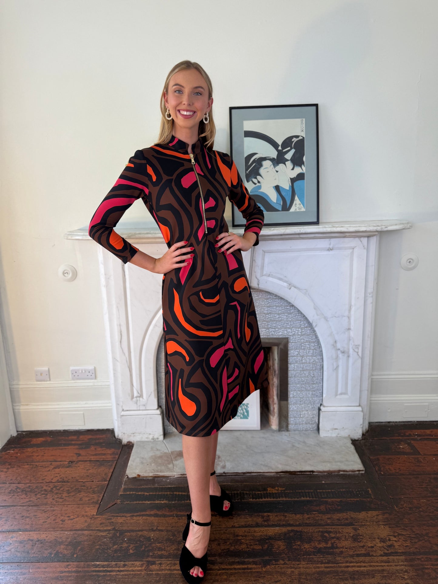 Moskada Abstract Print Neopren Dress with Zip Detail
